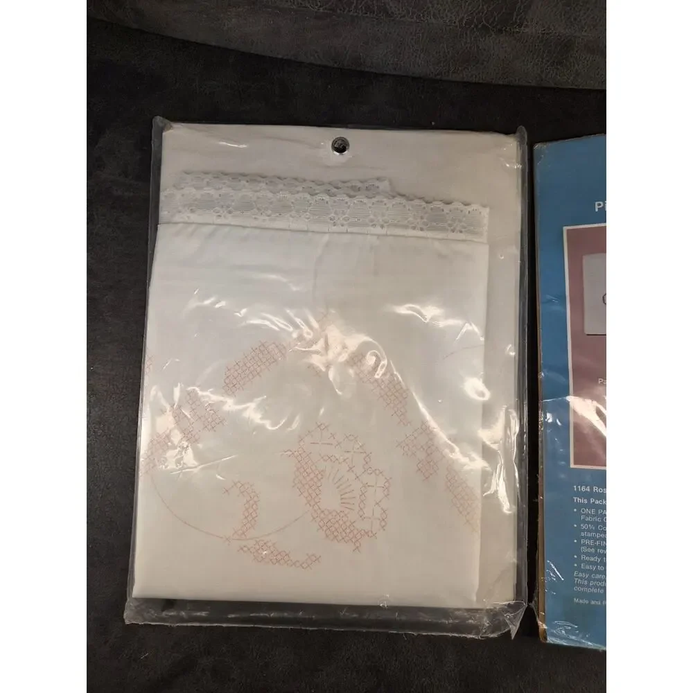 Vtg Stamped Pillowcase Kits Vogart Floral Scroll WonderArt Rose Circle NOS Set 2
